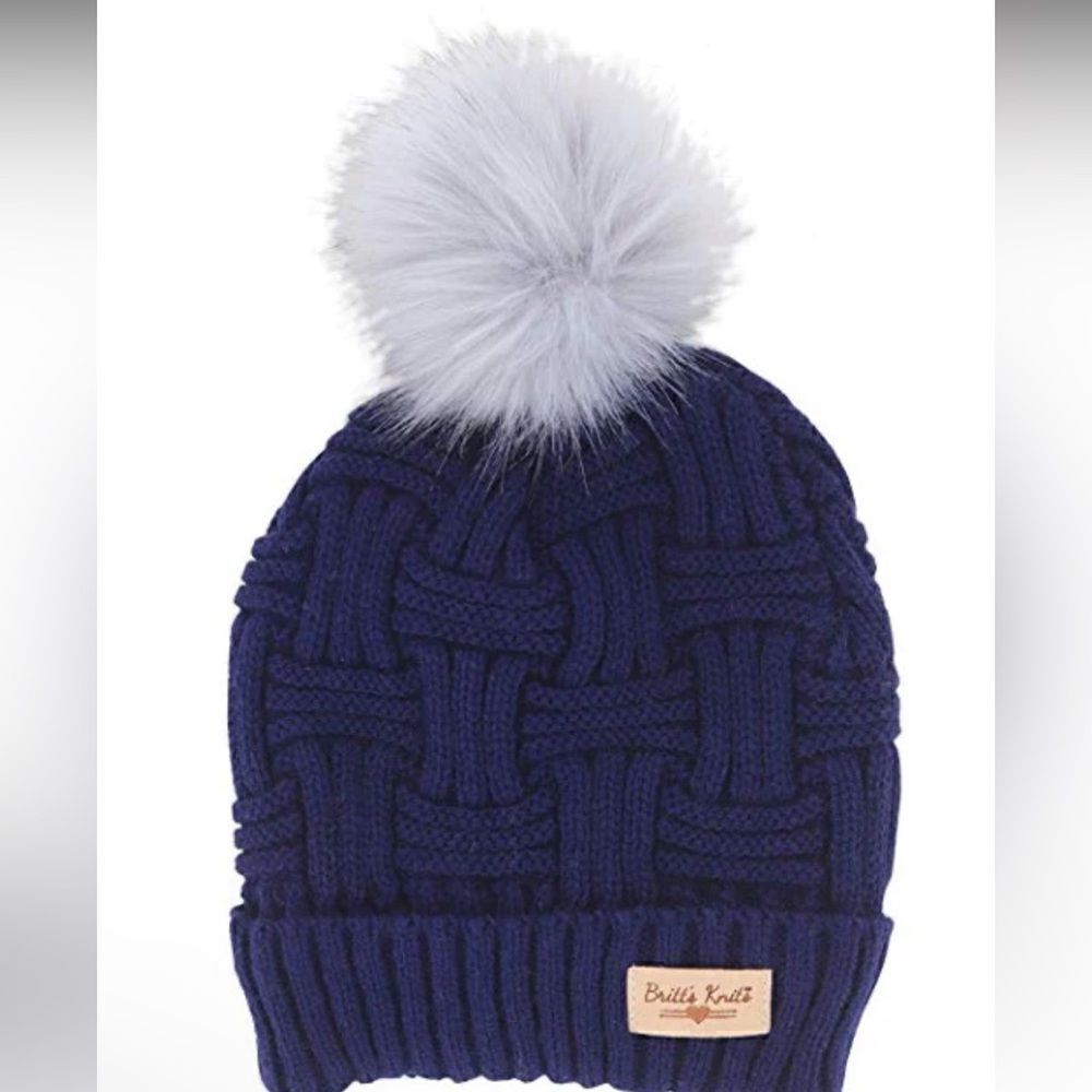 Britt's Knits Dark Blue Plush Lined Knit Pom Hat & Button Accent Gloves OS EUC!